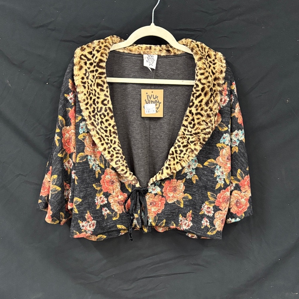 Ivy Jane Gray Cardigan with Leopard Trim